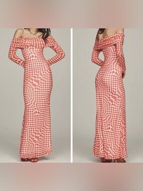 AFRM Red and White Gingham Off-Shoulder Maxi Dress